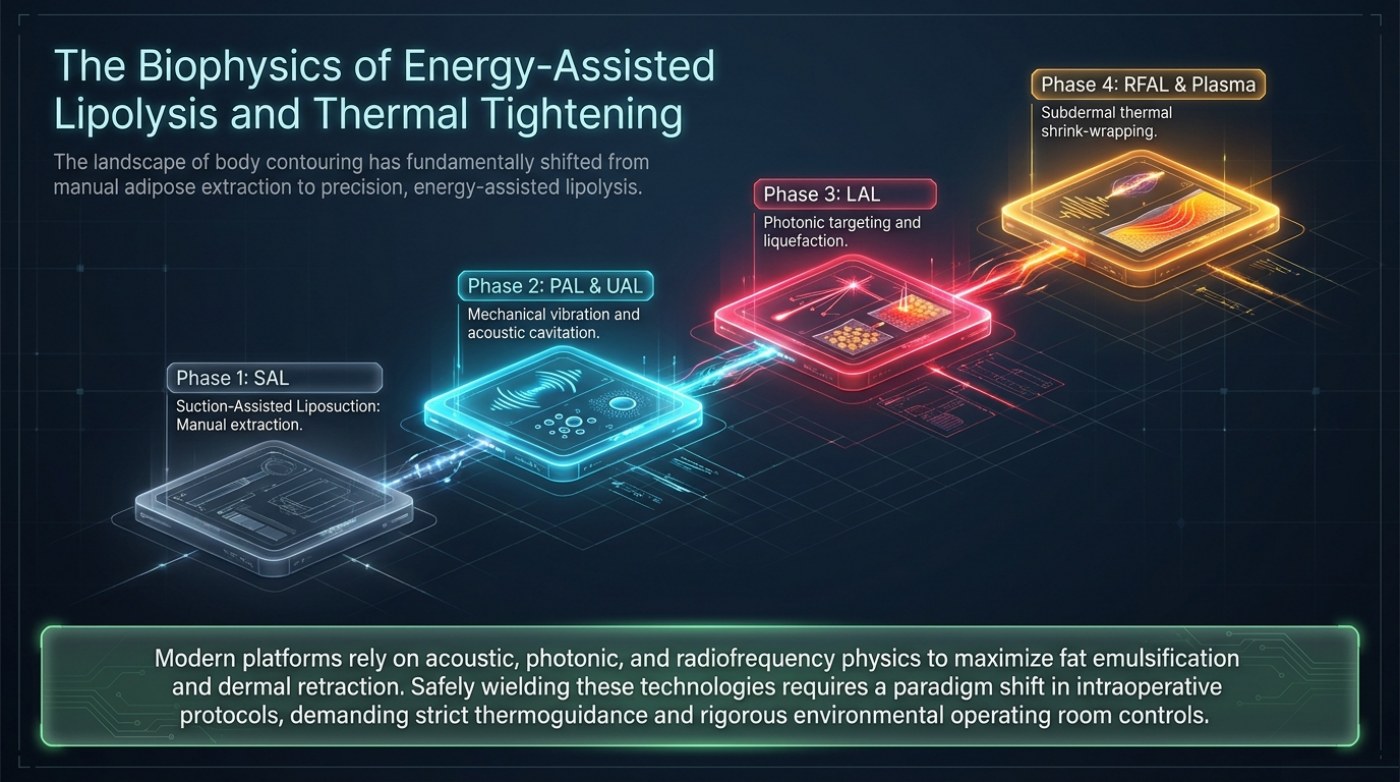 Diagram of the four phases of energy-assisted lipolysis: Phase 1 SAL manual extraction, Phase 2 PAL and UAL mechanical vibration and acoustic cavitation, Phase 3 LAL photonic targeting and liquefaction, and Phase 4 RFAL and plasma subdermal thermal shrink-wrapping