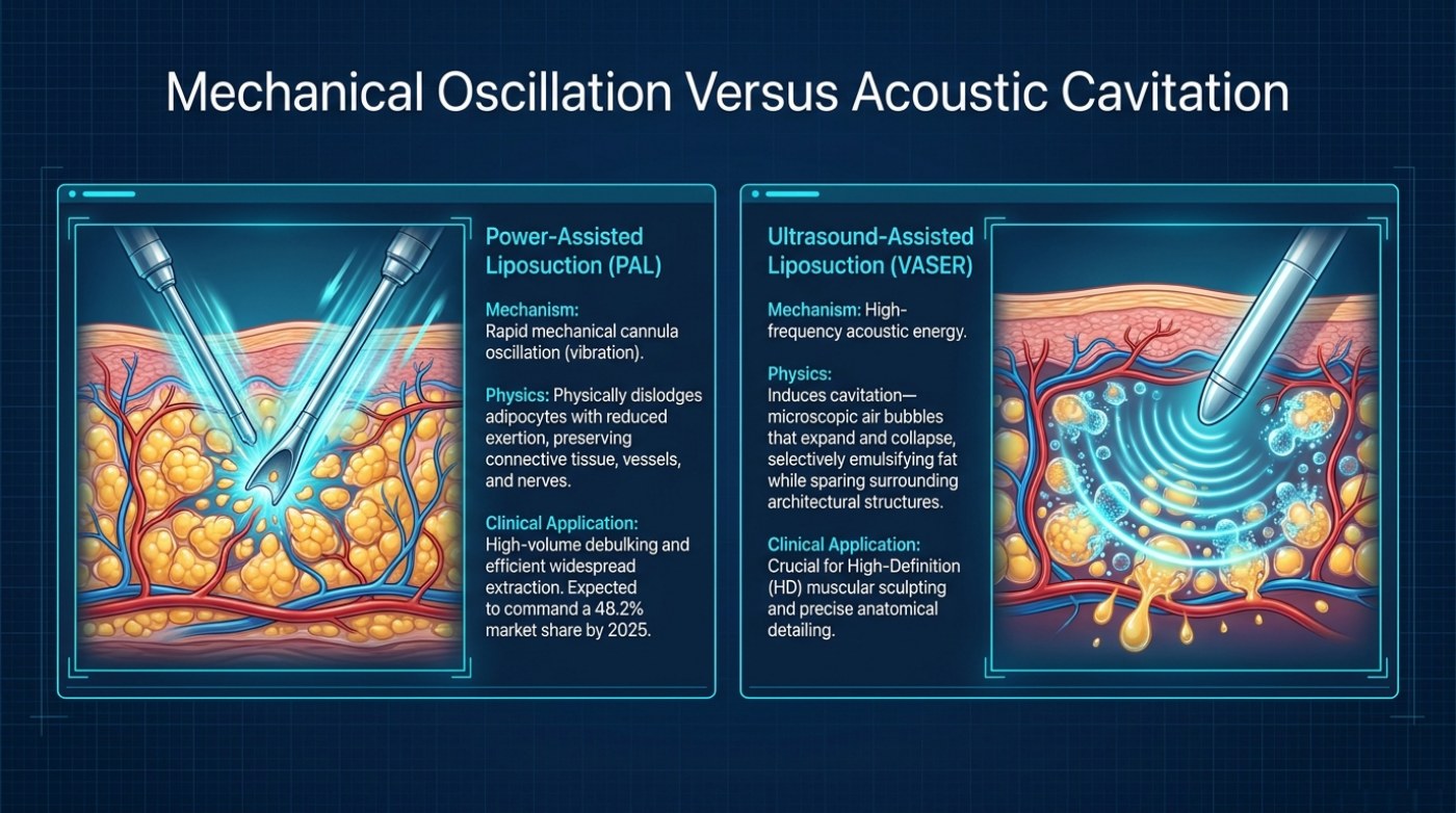 Comparison slide of power-assisted liposuction and ultrasound-assisted liposuction showing cannula vibration versus acoustic cavitation, with mechanism, physics and clinical application for each technique