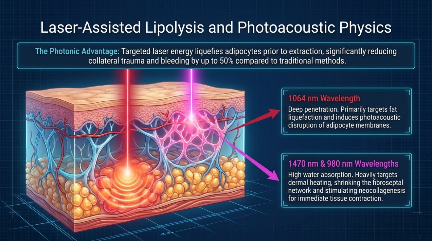 Cross-section diagram of laser-assisted lipolysis showing a 1064 nm beam targeting fat liquefaction and 1470 nm and 980 nm beams producing dermal heating and fibroseptal shrinkage