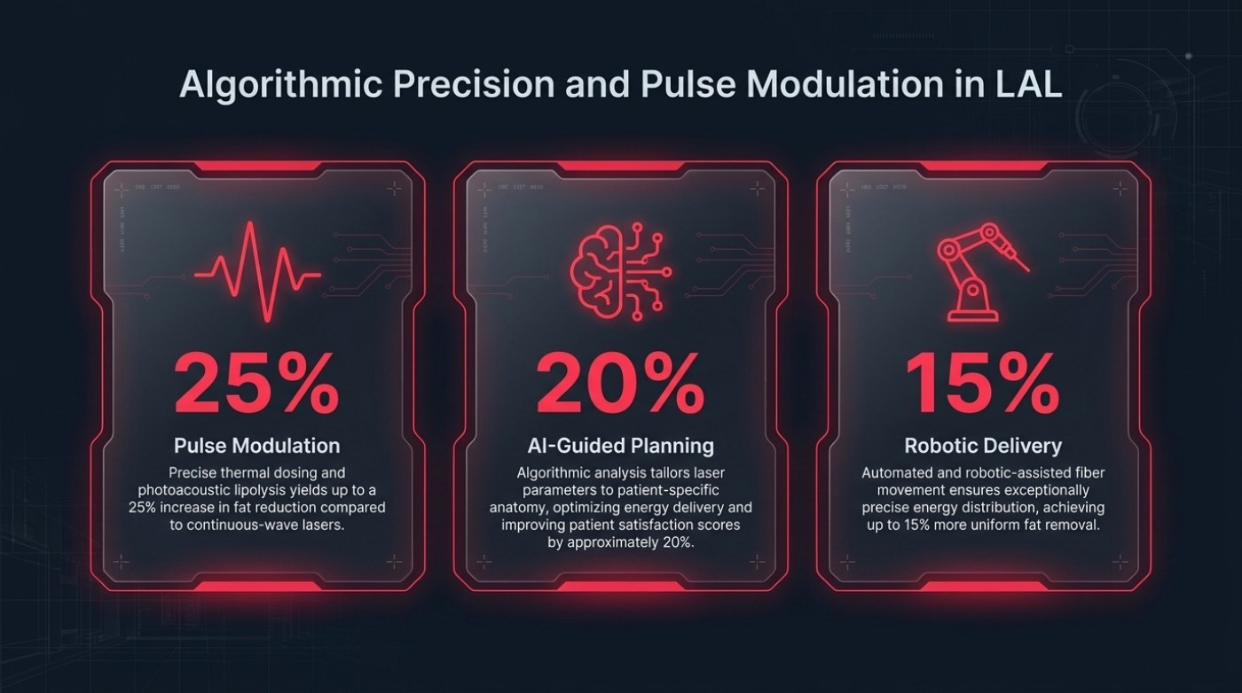 Three panels on algorithmic precision in laser-assisted lipolysis: pulse modulation at 25 percent, AI-guided planning at 20 percent, and robotic delivery at 15 percent