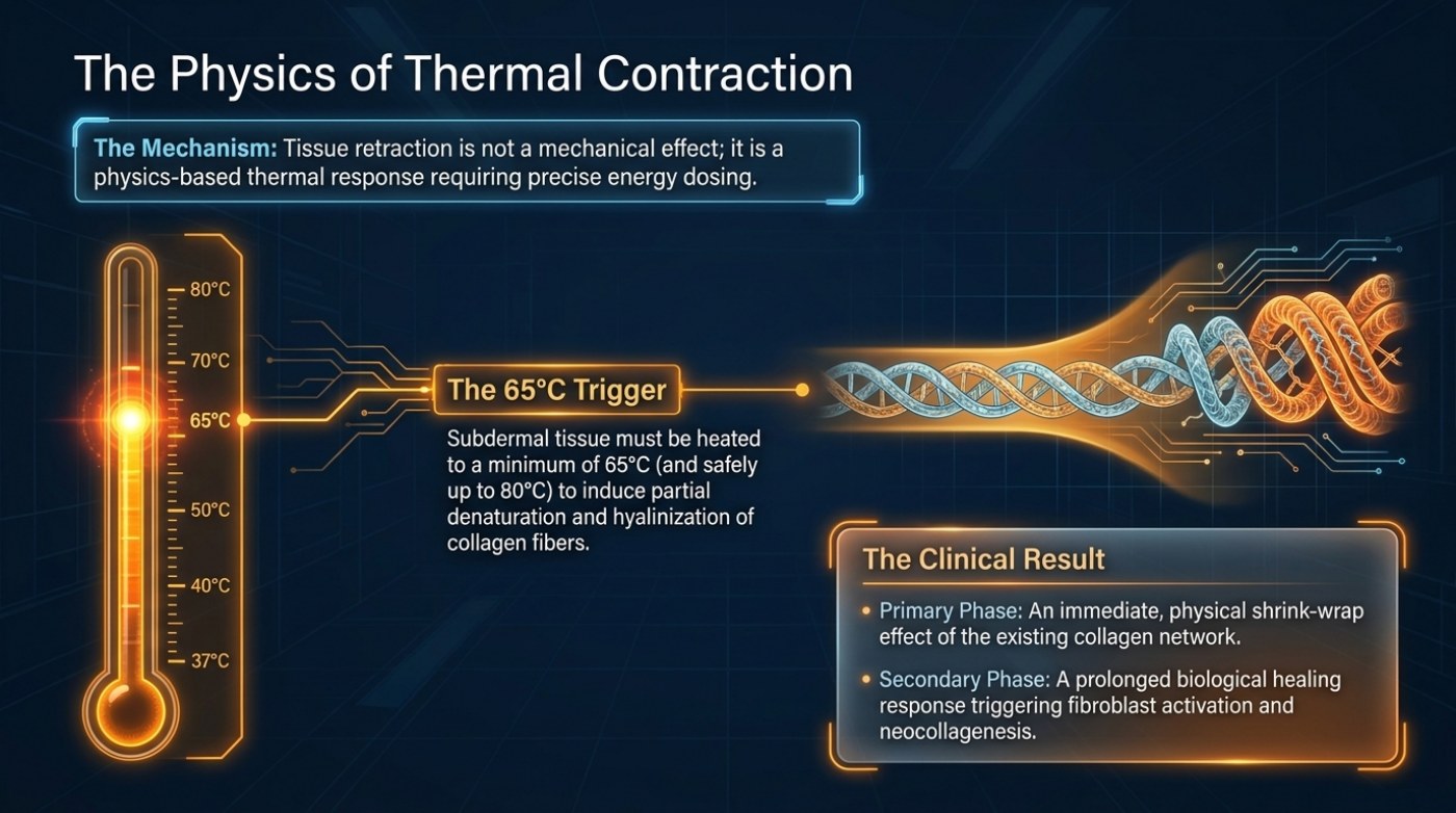Slide from the energy-assisted lipolysis deck titled 'The Physics of Thermal Contraction', showing a thermometer scaled from 37 °C to 80 °C with the 65 °C collagen trigger marked, and a panel describing the primary shrink-wrap phase and secondary neocollagenesis phase of the clinical result