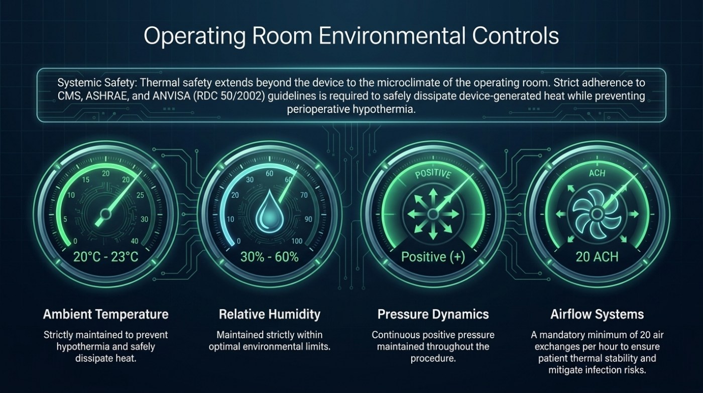 Slide from the energy-assisted lipolysis deck titled 'Operating Room Environmental Controls', showing four instrument dials for ambient temperature at 20 to 23 degrees Celsius, relative humidity at 30 to 60 percent, continuous positive pressure and a minimum of 20 air changes per hour, each with its stated rationale