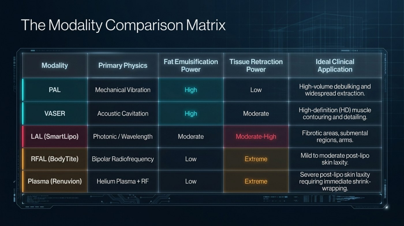 Slide from the energy-assisted lipolysis deck titled 'The Modality Comparison Matrix', a five-row table comparing PAL, VASER, LAL (SmartLipo), RFAL (BodyTite) and Plasma (Renuvion) across primary physics, fat emulsification power, tissue retraction power and ideal clinical application
