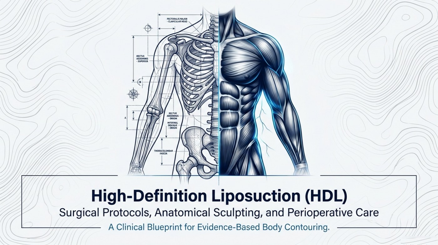 Cover slide of the high-definition liposuction deck, showing a labelled anatomical study of the chest and trunk beside a rendered muscular torso under the title High-Definition Liposuction (HDL)