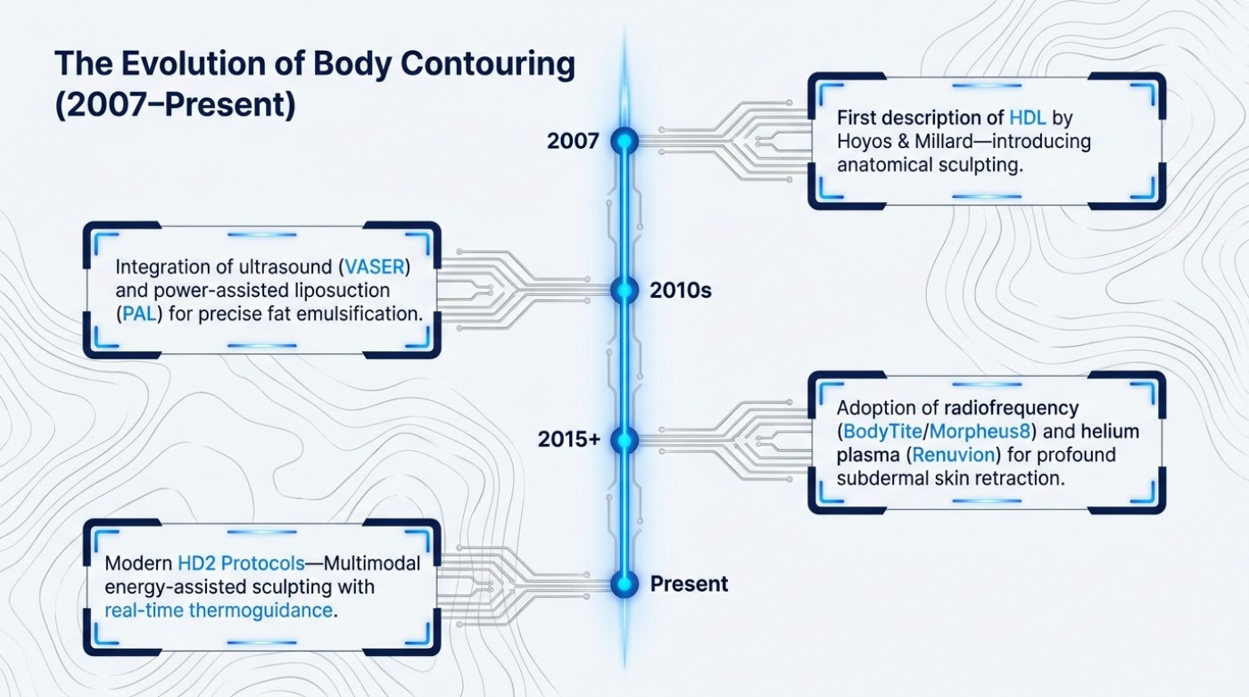 Timeline slide titled The Evolution of Body Contouring (2007-Present) with four dated stages: 2007 Hoyos and Millard, the 2010s ultrasound and power-assisted liposuction, 2015 and later radiofrequency and helium plasma, and modern multimodal protocols
