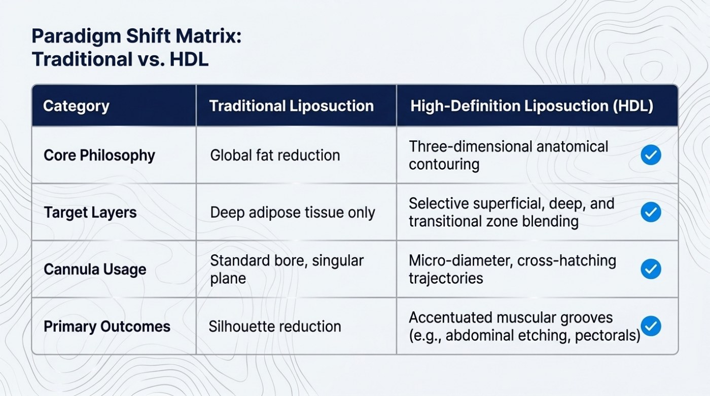 Comparison table slide titled Paradigm Shift Matrix: Traditional vs HDL, with four rows covering core philosophy, target layers, cannula usage and primary outcomes