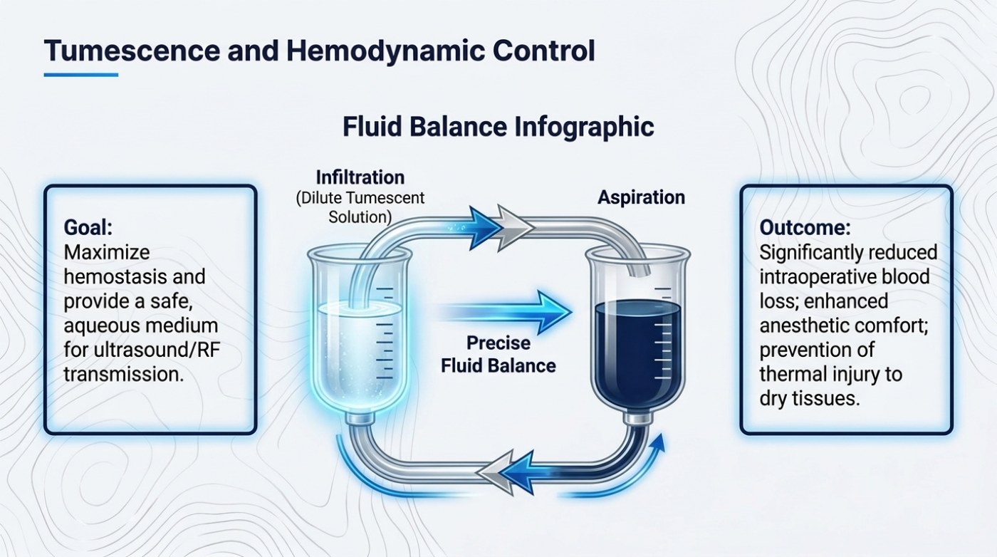 Fluid balance infographic slide titled Tumescence and Hemodynamic Control, showing infiltration of dilute tumescent solution and aspiration between two beakers with a precise fluid balance arrow, goal and outcome text blocks