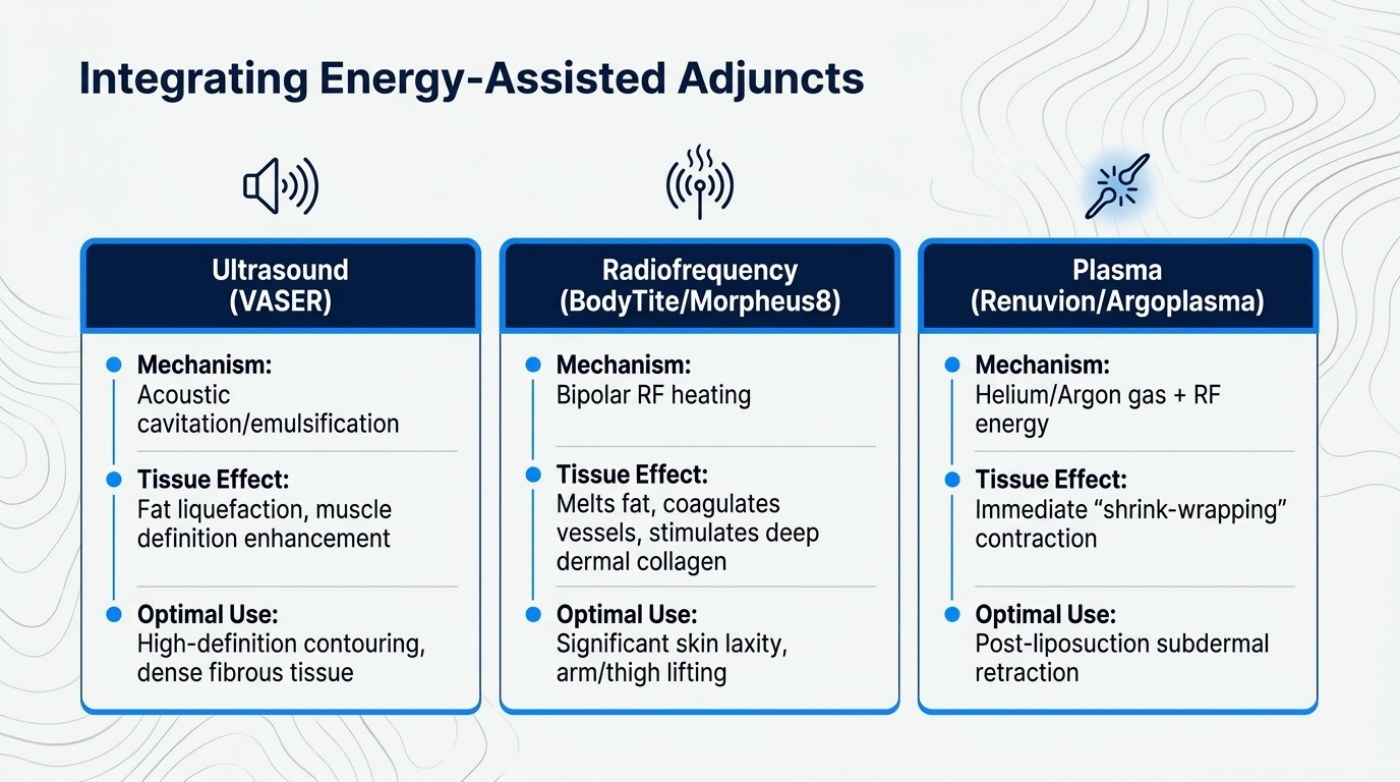 Slide titled Integrating Energy-Assisted Adjuncts, showing three labelled columns — Ultrasound (VASER), Radiofrequency (BodyTite/Morpheus8) and Plasma (Renuvion/Argoplasma) — each listing mechanism, tissue effect and optimal use