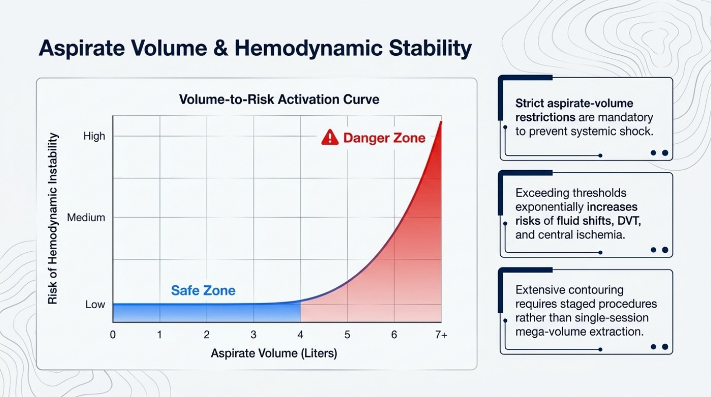 Slide titled Aspirate Volume & Hemodynamic Stability, showing a chart headed Volume-to-Risk Activation Curve with a blue Safe Zone band up to about four litres and a red-shaded Danger Zone rising steeply on the right