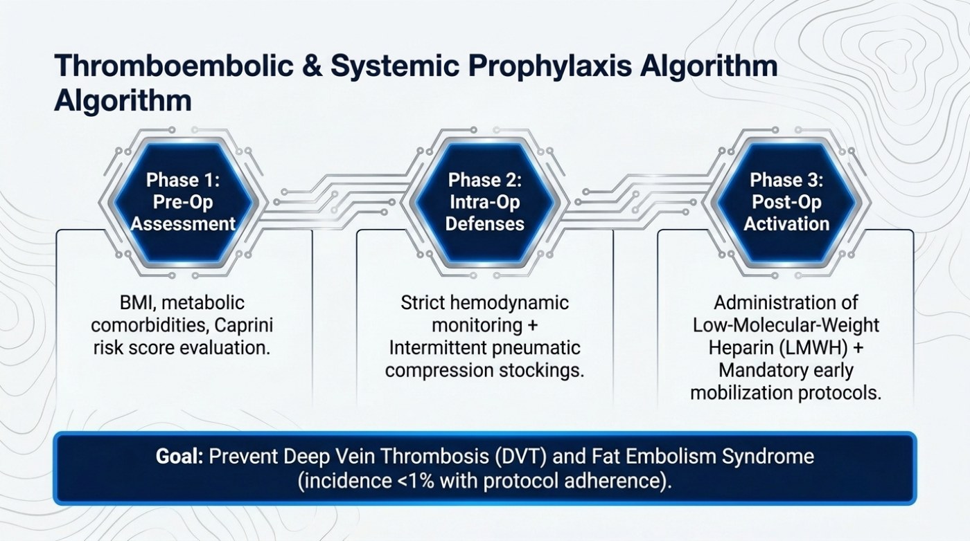 Slide titled Thromboembolic & Systemic Prophylaxis Algorithm, showing three hexagon phase markers — Pre-Op Assessment, Intra-Op Defenses and Post-Op Activation — with measures listed beneath each