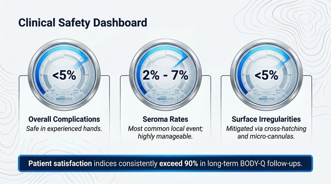Slide titled Clinical Safety Dashboard, showing three circular gauge dials reading under 5% for overall complications, 2% to 7% for seroma rates and under 5% for surface irregularities