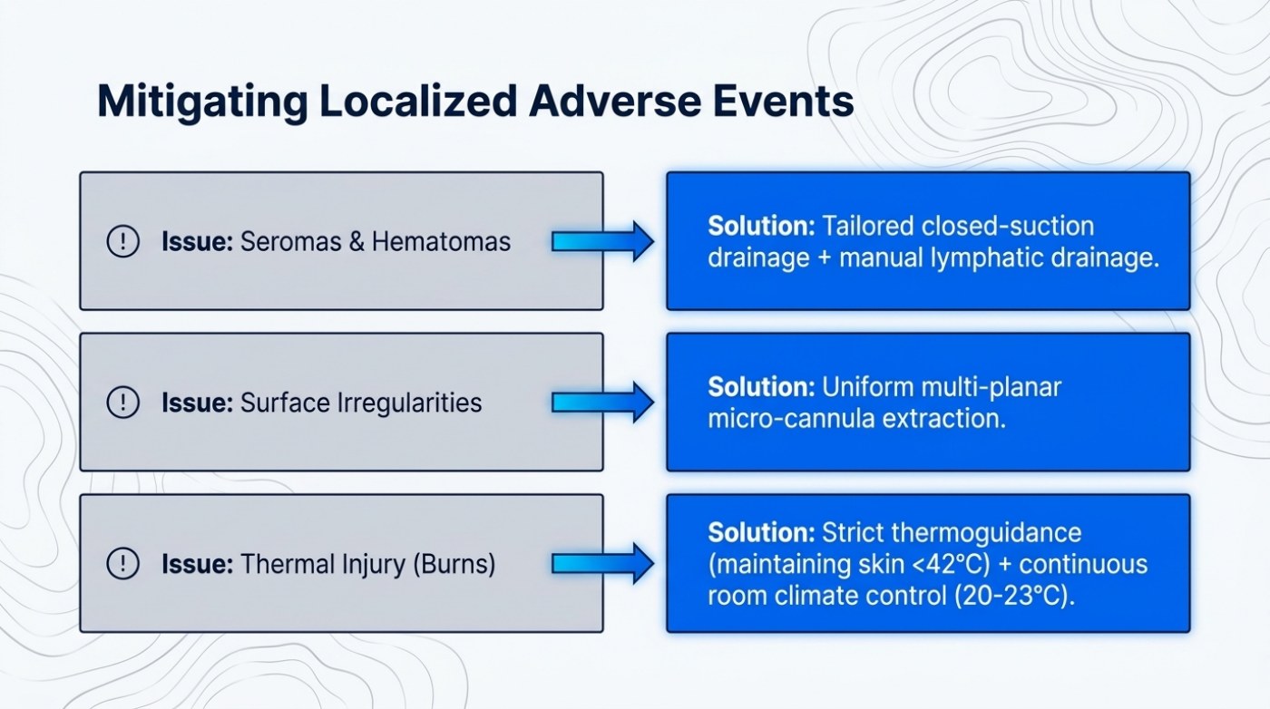 Slide listing three localized liposuction adverse events and their mitigations, including skin below 42 degrees Celsius and room climate control of 20 to 23 degrees