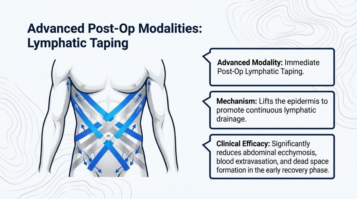 Slide showing patterned lymphatic taping applied across the abdomen, with notes on mechanism and early recovery efficacy