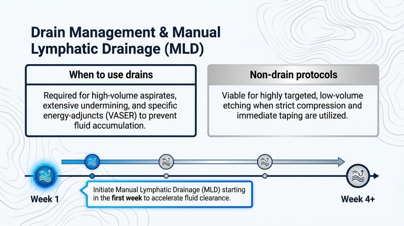 Slide contrasting when liposuction drains are used with non-drain protocols, plus a timeline of manual lymphatic drainage from week 1 to week 4
