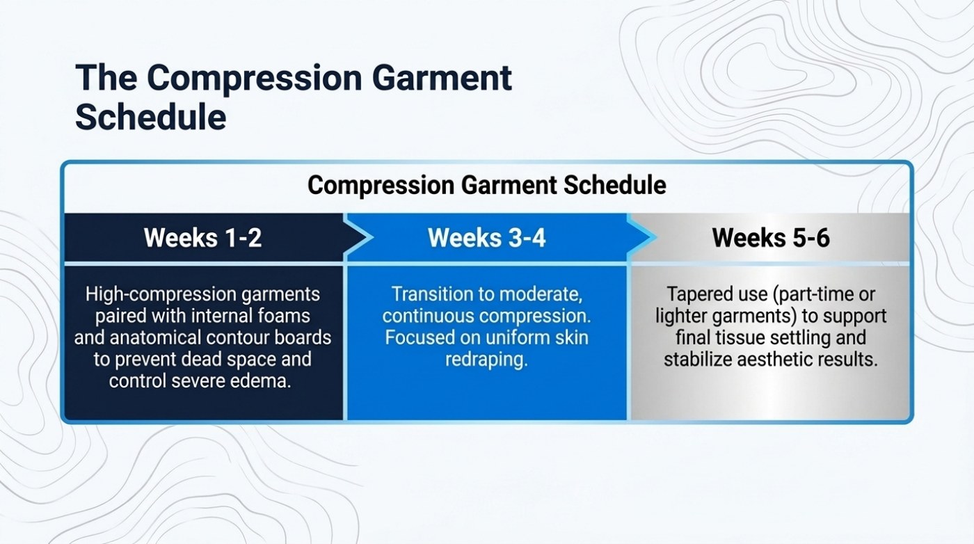 Slide showing a three-phase compression garment schedule covering weeks 1 to 2, weeks 3 to 4, and weeks 5 to 6