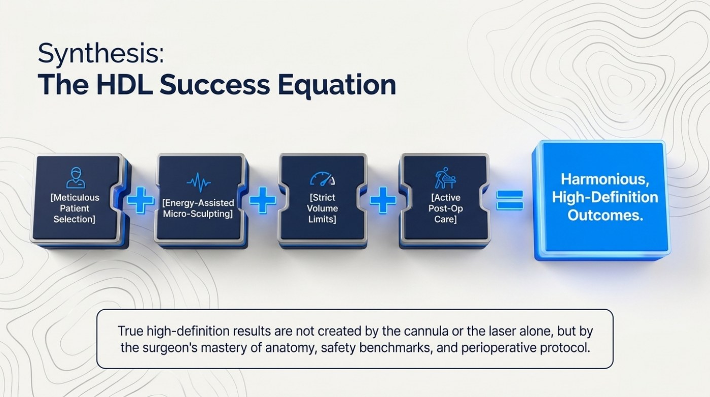 Slide showing the HDL success equation: meticulous patient selection plus energy-assisted micro-sculpting plus strict volume limits plus active post-op care equals harmonious high-definition outcomes