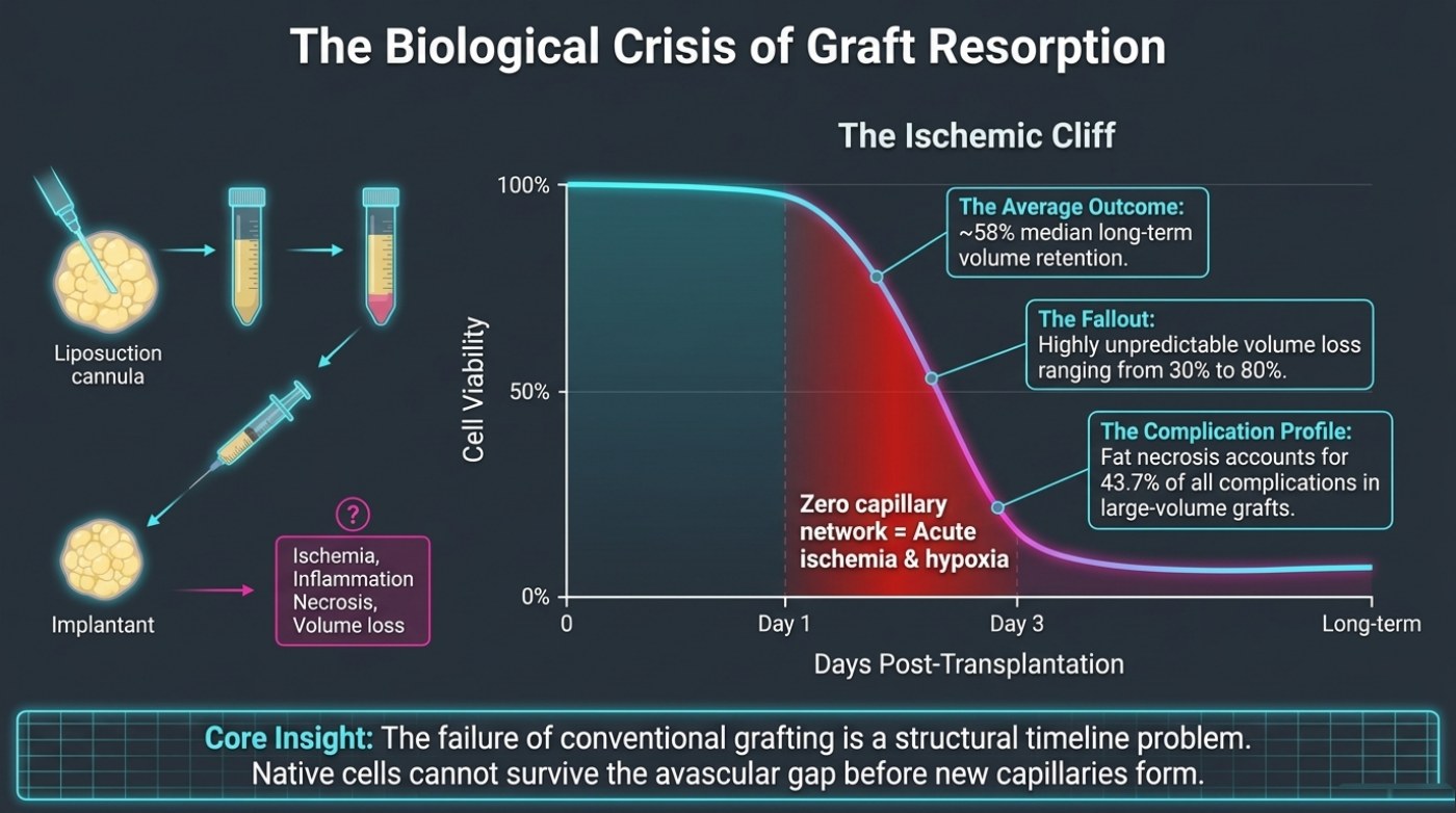 Slide titled The Biological Crisis of Graft Resorption showing The Ischemic Cliff curve, with cell viability falling towards zero between day one and day three and callouts giving ~58% median long-term volume retention, 30% to 80% volume loss, and fat necrosis at 43.7% of complications in large-volume grafts