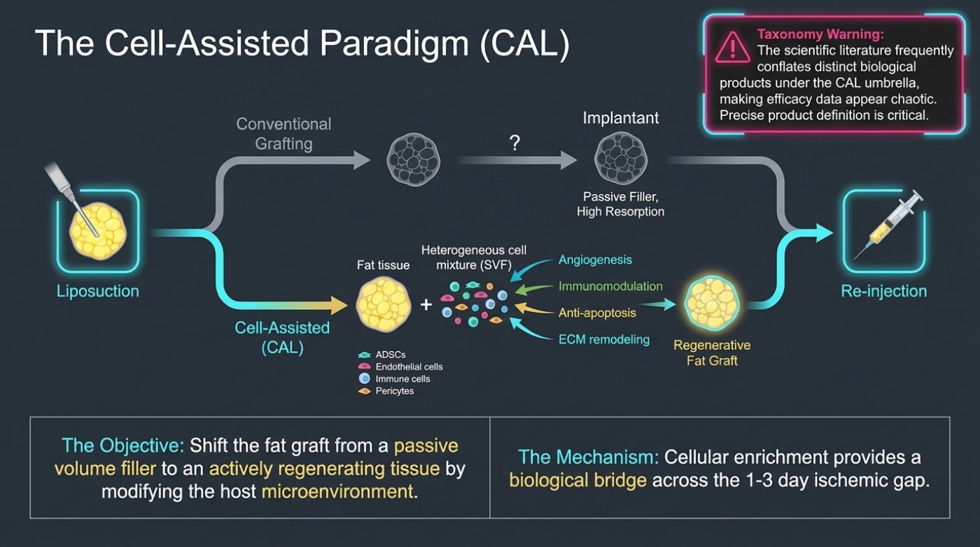 Slide titled The Cell-Assisted Paradigm (CAL) showing a harvest splitting into conventional grafting, labelled passive filler and high resorption, and into a cell-assisted route where fat tissue is mixed with a heterogeneous cell mixture and labelled with angiogenesis, immunomodulation, anti-apoptosis and ECM remodelling