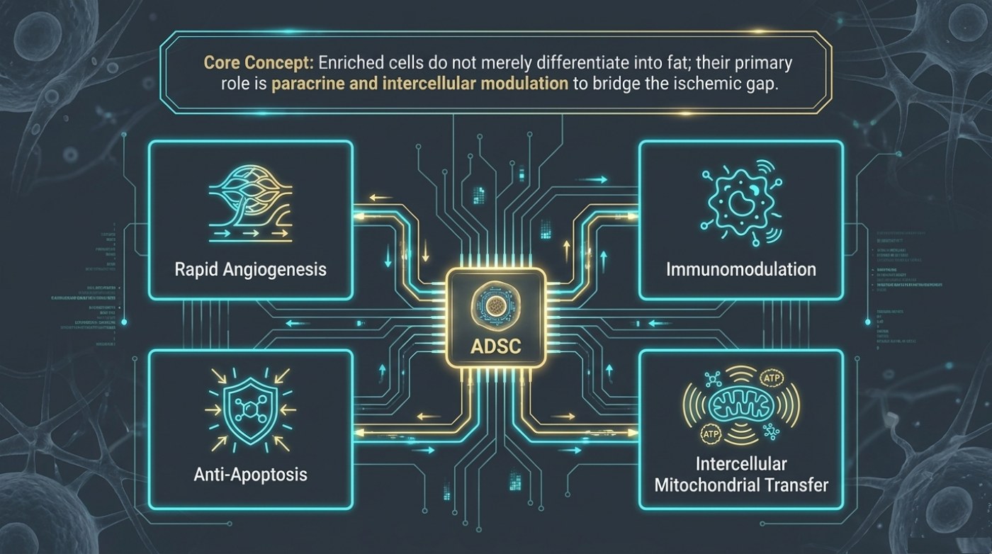 Slide showing a central ADSC node connected to four labelled mechanisms - rapid angiogenesis, immunomodulation, anti-apoptosis and intercellular mitochondrial transfer with ATP - under the core concept that enriched cells act by paracrine and intercellular modulation to bridge the ischemic gap