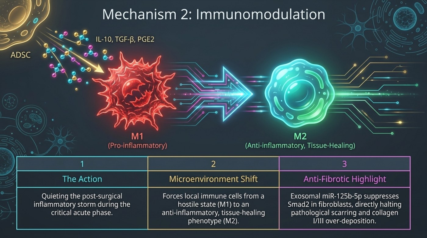Slide titled Mechanism 2: Immunomodulation, showing an ADSC releasing IL-10, TGF-beta and PGE2 toward an M1 pro-inflammatory macrophage that transitions to an M2 anti-inflammatory, tissue-healing phenotype, above a three-column table headed The Action, Microenvironment Shift and Anti-Fibrotic Highlight