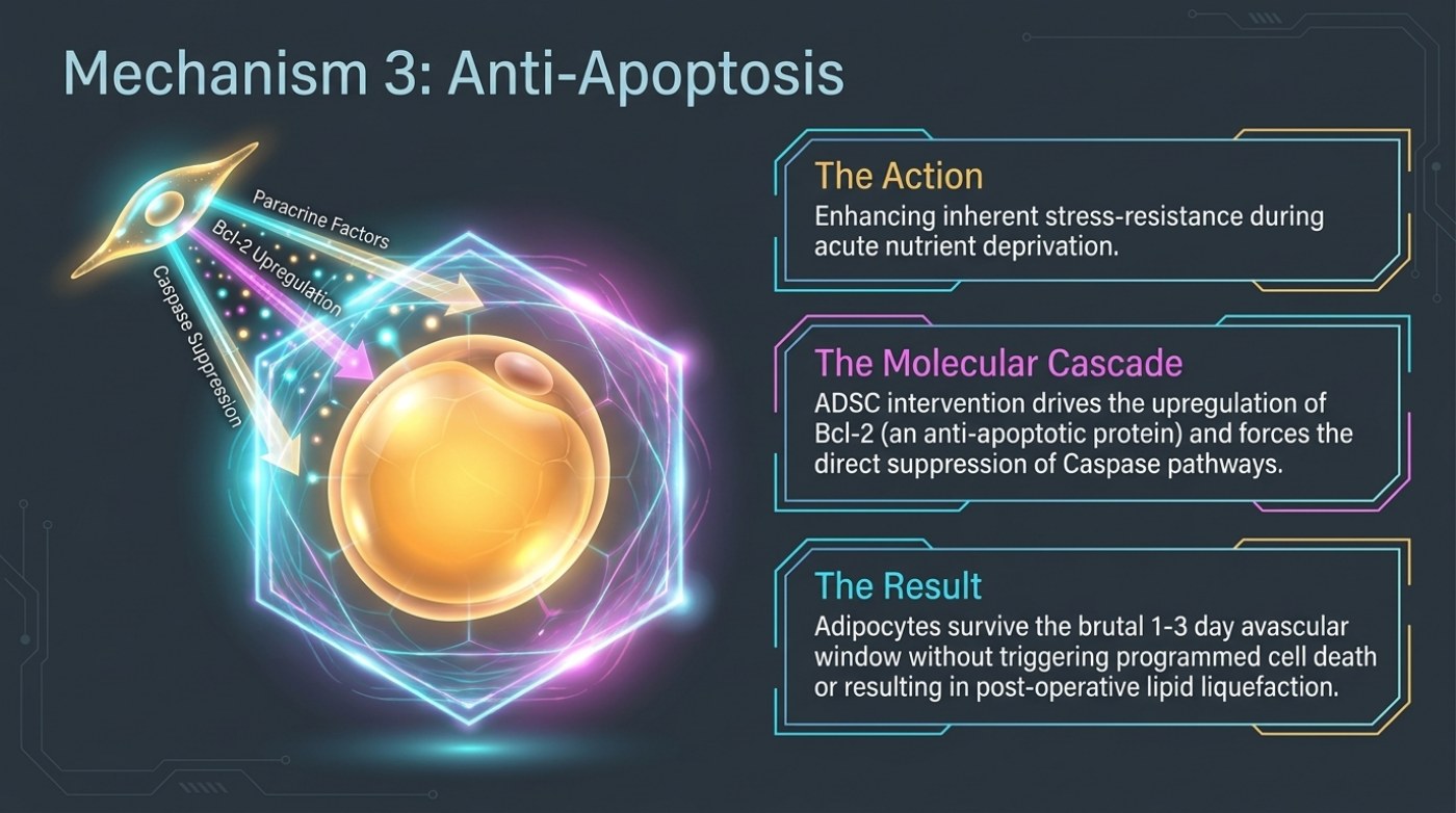 Slide titled Mechanism 3: Anti-Apoptosis, showing an ADSC directing paracrine factors, Bcl-2 upregulation and caspase suppression at a shielded fat cell, beside three panels headed The Action, The Molecular Cascade and The Result