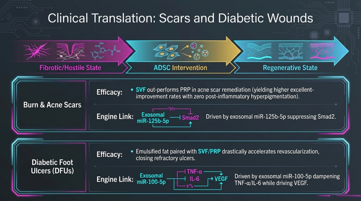 Slide 12: a three-stage arrow moving from a fibrotic and hostile tissue state through ADSC intervention to a regenerative state, above two panels covering burn and acne scars and diabetic foot ulcers, with exosomal miRNA pathway diagrams