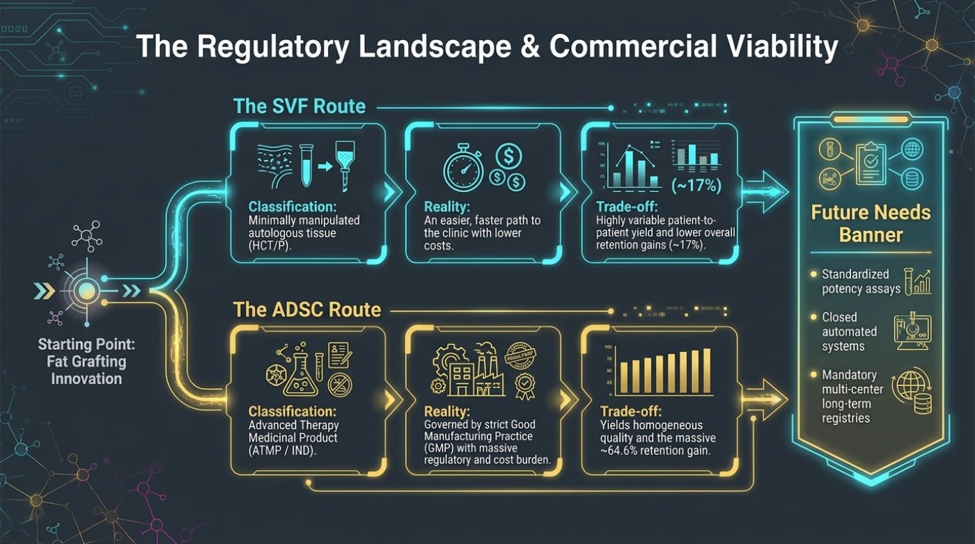 Slide 14: the regulatory landscape, with the SVF route classified as minimally manipulated autologous tissue (HCT/P) and the ADSC route as an advanced therapy medicinal product (ATMP/IND) under good manufacturing practice, showing trade-offs of about 17 percent versus about 64.6 percent retention gain and a future needs panel