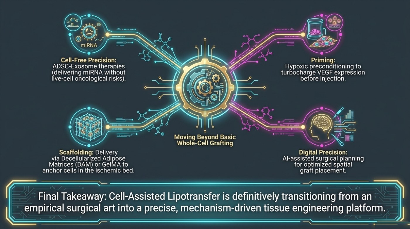 Slide 15: a central hub reading Moving Beyond Basic Whole-Cell Grafting with four spokes — cell-free ADSC-exosome therapy, hypoxic preconditioning before injection, scaffold delivery via decellularised adipose matrices or GelMA, and AI-assisted surgical planning