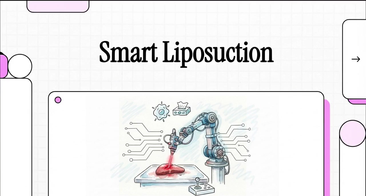 Title card from our video guide on smart liposuction showing an illustrated robotic arm and cannula