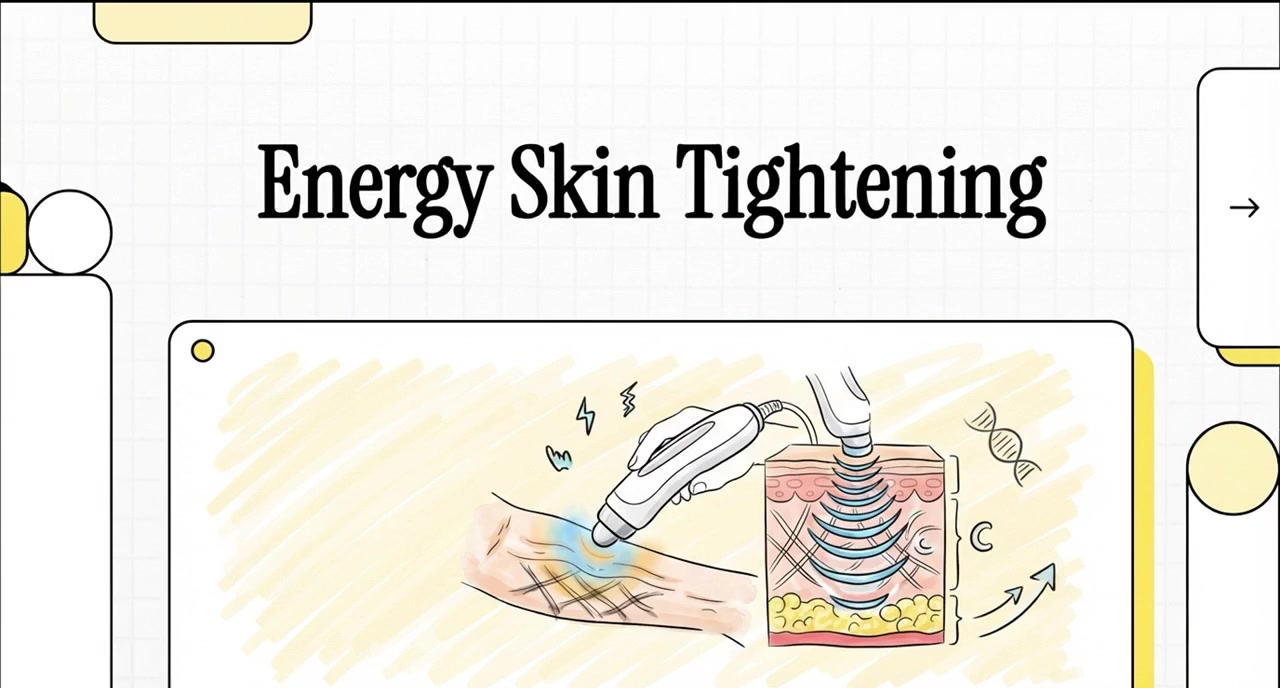 Title card from our energy skin tightening video guide showing a device tip delivering heat into layers of skin